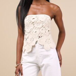 Lulus Envied Attitude Beige Crochet Strapless Crop Top - Size M